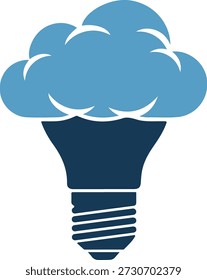 A blue cloud shaped light bulb on a pure white background, symbolizing creative ideas and innovation in a simple, yet effective design.