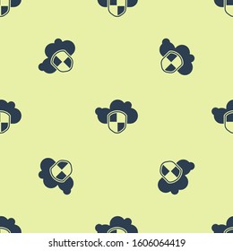 Blue Cloud and shield icon isolated seamless pattern on yellow background. Cloud storage data protection. Security, safety, protection, privacy concept.  Vector Illustration