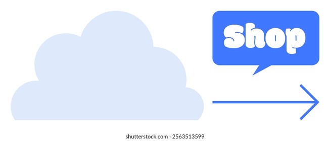 Blue cloud with Shop button in a speech bubble and right arrow. Ideal for online shopping, e-commerce, web navigation, cloud computing, and advertising. Modern and simple style