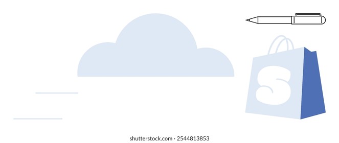 Blue cloud, shopping bag with S logo, and pen on white background with minimalist style. Ideal for e-commerce, cloud storage, online shopping, delivery services, stationery, and digital business