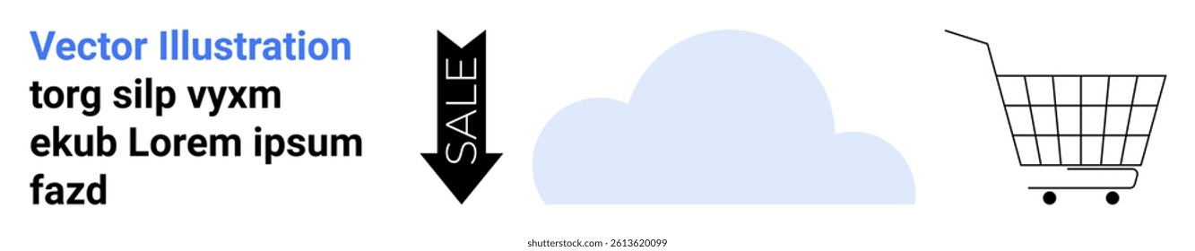 Blue cloud, shopping cart, and a black sale arrow enhance online shopping themes. Ideal for e-commerce, sales events, cloud services. Banner for landing page