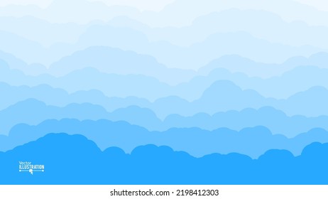 Fondo plano de dibujos animados con cielo azul en la nube. Textura de Panorama de Paisaje de nubes onduladas. Atmósfera aireada. Material de diseño. Ilustración vectorial.
