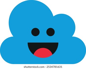 A blue cloud with a smiling face, featuring two black eyes and a wide red mouth.