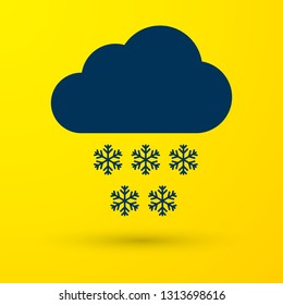 Blue Cloud with snow icon isolated on yellow background. Cloud with snowflakes. Single weather icon. Snowing sign. Vector Illustration