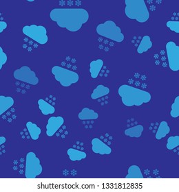 Blue Cloud with snow icon isolated seamless pattern on blue background. Cloud with snowflakes. Single weather icon. Snowing sign. Vector Illustration