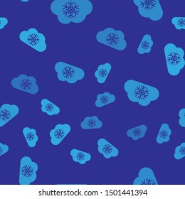 Blue Cloud with snow icon isolated seamless pattern on blue background. Cloud with snowflakes. Single weather icon. Snowing sign.  Vector Illustration