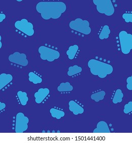 Blue Cloud with snow icon isolated seamless pattern on blue background. Cloud with snowflakes. Single weather icon. Snowing sign.  Vector Illustration