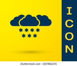 Blue Cloud with snow icon isolated on yellow background. Cloud with snowflakes. Single weather icon. Snowing sign.  Vector Illustration