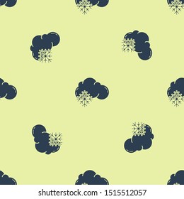 Blue Cloud with snow icon isolated seamless pattern on yellow background. Cloud with snowflakes. Single weather icon. Snowing sign.  Vector Illustration