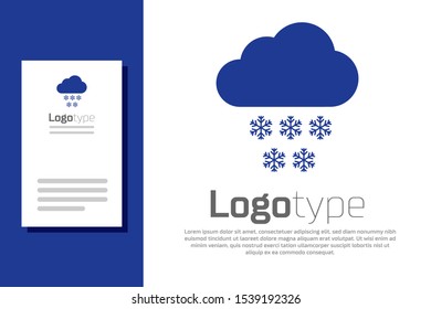 Blue Cloud with snow icon isolated on white background. Cloud with snowflakes. Single weather icon. Snowing sign. Logo design template element. Vector Illustration