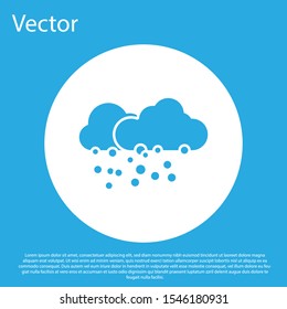 Blue Cloud with snow icon isolated on blue background. Cloud with snowflakes. Single weather icon. Snowing sign. White circle button. Vector Illustration