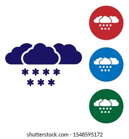 Blue Cloud with snow icon isolated on white background. Cloud with snowflakes. Single weather icon. Snowing sign. Set color icons in circle buttons. Vector Illustration