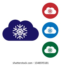 Blue Cloud with snow icon isolated on white background. Cloud with snowflakes. Single weather icon. Snowing sign. Set color icons in circle buttons. Vector Illustration