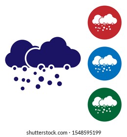 Blue Cloud with snow icon isolated on white background. Cloud with snowflakes. Single weather icon. Snowing sign. Set color icons in circle buttons. Vector Illustration