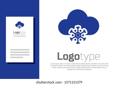 Blue Cloud with snow icon isolated on white background. Cloud with snowflakes. Single weather icon. Snowing sign. Logo design template element. Vector Illustration