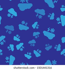 Blue Cloud with snow and lightning icon isolated seamless pattern on blue background. Cloud with snowflakes. Single weather icon. Snowing sign.  Vector Illustration