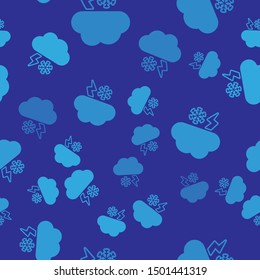 Blue Cloud with snow and lightning icon isolated seamless pattern on blue background. Cloud with snowflakes. Single weather icon. Snowing sign.  Vector Illustration