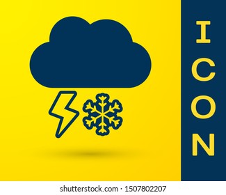 Blue Cloud with snow and lightning icon isolated on yellow background. Cloud with snowflakes. Single weather icon. Snowing sign.  Vector Illustration