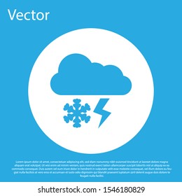 Blue Cloud with snow and lightning icon isolated on blue background. Cloud with snowflakes. Single weather icon. Snowing sign. White circle button. Vector Illustration