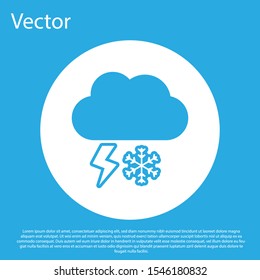 Blue Cloud with snow and lightning icon isolated on blue background. Cloud with snowflakes. Single weather icon. Snowing sign. White circle button. Vector Illustration