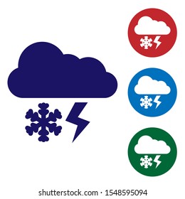 Blue Cloud with snow and lightning icon isolated on white background. Cloud with snowflakes. Single weather icon. Snowing sign. Set color icons in circle buttons. Vector Illustration