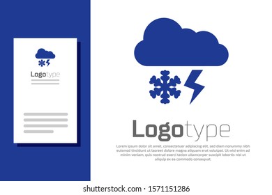 Blue Cloud with snow and lightning icon isolated on white background. Cloud with snowflakes. Single weather icon. Snowing sign. Logo design template element. Vector Illustration