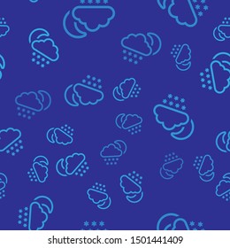 Blue Cloud with snow and moon icon isolated seamless pattern on blue background. Cloud with snowflakes. Single weather icon. Snowing sign.  Vector Illustration