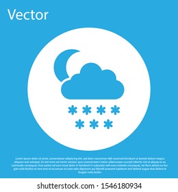 Blue Cloud with snow and moon icon isolated on blue background. Cloud with snowflakes. Single weather icon. Snowing sign. White circle button. Vector Illustration
