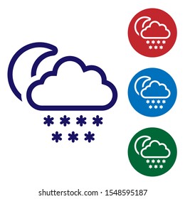 Blue Cloud with snow and moon icon isolated on white background. Cloud with snowflakes. Single weather icon. Snowing sign. Set color icons in circle buttons. Vector Illustration