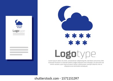 Blue Cloud with snow and moon icon isolated on white background. Cloud with snowflakes. Single weather icon. Snowing sign. Logo design template element. Vector Illustration