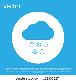 Blue Cloud with snow and rain icon isolated on blue background. Weather icon. White circle button. Flat design. Vector Illustration