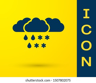 Blue Cloud with snow and rain icon isolated on yellow background. Weather icon.  Vector Illustration
