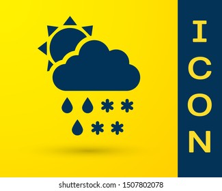 Blue Cloud with snow and rain icon isolated on yellow background. Weather icon.  Vector Illustration