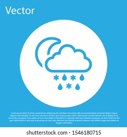 Blue Cloud with snow and rain icon isolated on blue background. Weather icon. White circle button. Vector Illustration