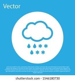 Blue Cloud with snow and rain icon isolated on blue background. Weather icon. White circle button. Vector Illustration