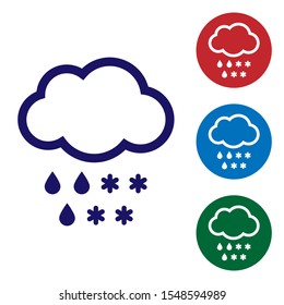 Blue Cloud with snow and rain icon isolated on white background. Weather icon. Set color icons in circle buttons. Vector Illustration