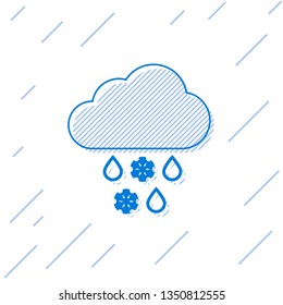 Blue Cloud with snow and rain line icon isolated on white background. Weather icon. Vector Illustration