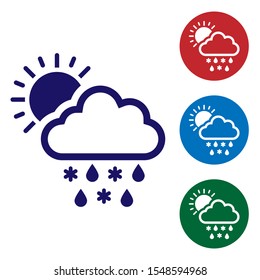 Blue Cloud with snow, rain and sun icon isolated on white background. Weather icon. Set color icons in circle buttons. Vector Illustration