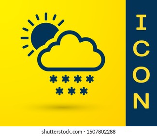 Blue Cloud with snow and sun icon isolated on yellow background. Cloud with snowflakes. Single weather icon. Snowing sign.  Vector Illustration