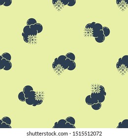 Blue Cloud with snow and sun icon isolated seamless pattern on yellow background. Cloud with snowflakes. Single weather icon. Snowing sign.  Vector Illustration