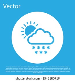 Blue Cloud with snow and sun icon isolated on blue background. Cloud with snowflakes. Single weather icon. Snowing sign. White circle button. Vector Illustration