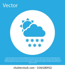 Blue Cloud with snow and sun icon isolated on blue background. Cloud with snowflakes. Single weather icon. Snowing sign. White circle button. Vector Illustration