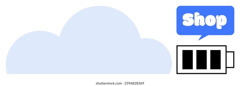 A blue cloud with a speech bubble labeled shop, next to a battery strength icon. Ideal for tech, cloud storage, online shopping, digital services, and e-commerce themes. Simple modern style