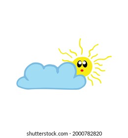 blue cloud with sun illustration on white background. kawaii sun with eyes and mouth. hand drawn vector, sunny day. doodle art for kids, logo, label, sticker, clipart, poster, wall decoration, cover.