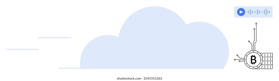 Una nube azul con un símbolo de tecnología y criptomoneda está conectada a líneas similares a circuitos que representan el flujo de datos. Ideal para tecnología digital, criptomonedas, computación en la nube, seguridad de datos