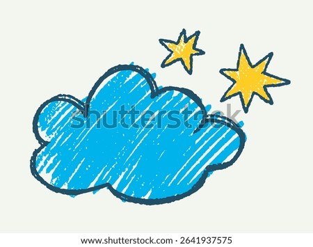 Blue cloud and two yellow stars drawn in a colorful sketch style with bold outlines on an off-white background. Concept of weather, dreams, or imagination. Vector illustration