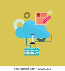 Blue cloud and various icons - vector illustration