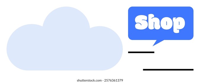 A blue cloud with the word Shop in a speech bubble. Ideal for e-commerce, cloud computing, digital business, online store, promotions. Simplistic aesthetic, flat design style