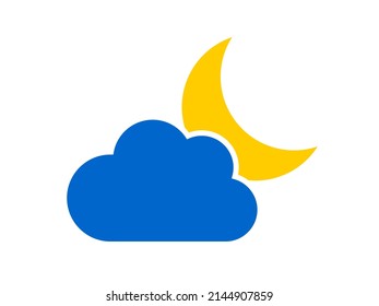 Blue cloud and yellow crescent. Night weather forecast icon isolated on white background. Vector.