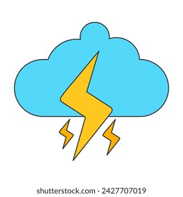 Blue cloud with yellow glowing lightning bolt. Weather on isolated white background